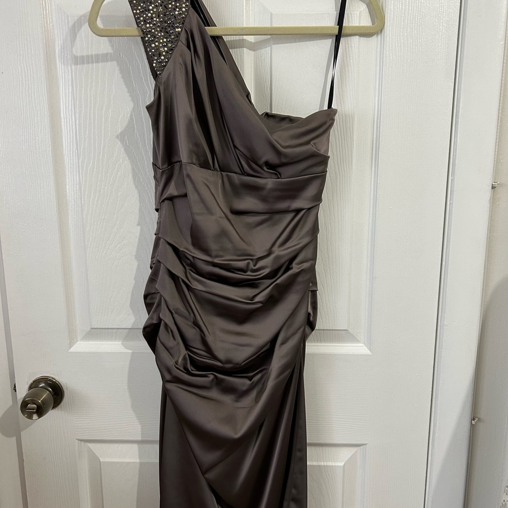 Elegant half shoulder taupe in color dress for weddings, graduations, dining